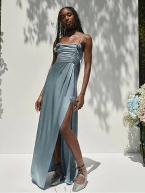 For Love & Lemons Winona Blue Satin Ruched Maxi Bridesmaid Dress Size Small